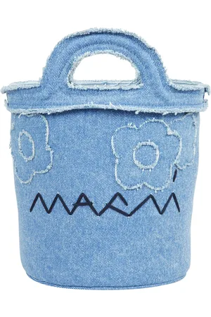 Marni Tassen, Dames, Blauw, ONE Size, Denim, Denim bucket tas met geborduurd logo en bloemendetails