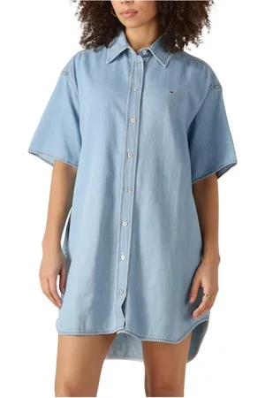 Tommy Hilfiger Kleedjes, Dames, Blauw, XL, Denim, Blauwe Shirtjurk, Casual & Stijlvol