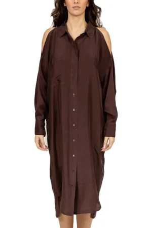TELA Kleedjes, Dames, Bruin, M, Zijden Chocolade Midi Jurk