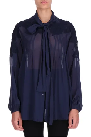 ERMANNO SCERVINO Blouses & Shirts, Dames, Blauw, M, Blauwe zijden overhemd met strik