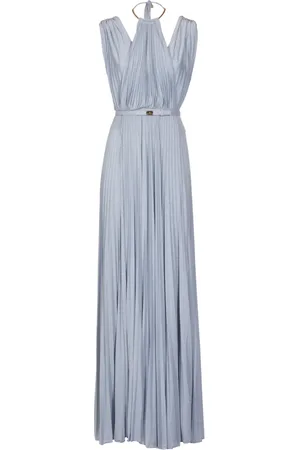 Elisabetta Franchi Kleedjes, Dames, Blauw, M, Polyester, Blauwe Jersey Lurex Jurk met Gouden Metalen Detail