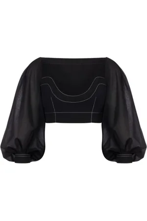 Serafini Blouses & Shirts, Dames, Zwart, XS, Wol, Zwarte Crop Voile Shirt met Stiksels