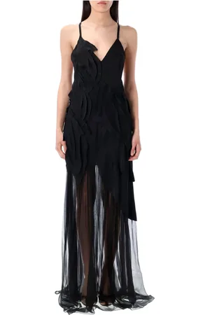 Alberta Ferretti Kleedjes, Dames, Zwart, S, Satijn, Zwarte Bladprint Satijn Chiffon Jurk