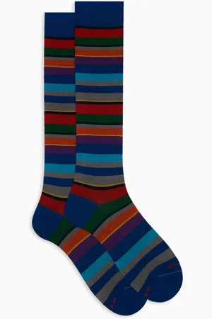 Gallo Ondergoed, Dames, Veelkleurig, S, Katoen, Lange blauwe katoenen sokken voor dames met veelkleurige strepen