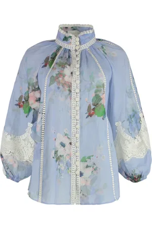 ZIMMERMANN Blouses & Shirts, Dames, Blauw, M, Linnen, Bloemen Linnen Blouse met Kantinzetstukken