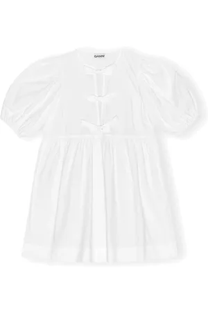 Ganni Blouses & Shirts, Dames, Wit, M, Katoen, Mini-jurk van katoenpopeline met strikbandjes