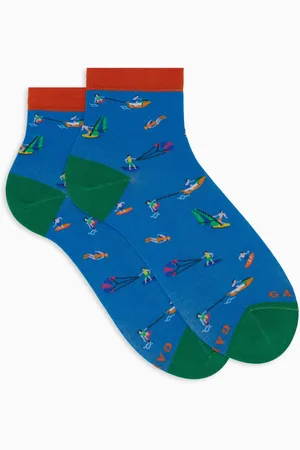 Gallo Ondergoed, Dames, Veelkleurig, S, Katoen, Katoenen watersportpatroon korte sokken lichtblauw voor dames