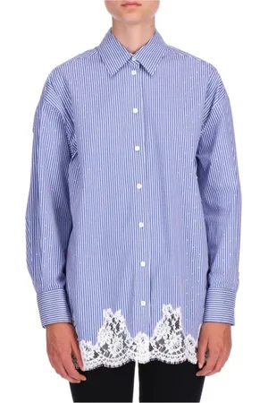 ERMANNO SCERVINO Blouses & Shirts, Dames, Blauw, S, Katoen, Gestreept Hemelsblauw Overhemd met Strass en Kant