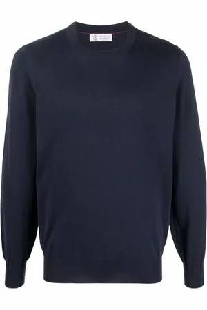 Brunello Cucinelli Truien, Heren, Blauw, XL, Katoen, Donkergrijze Ronde Hals Gebreide Trui