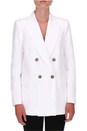 ERMANNO SCERVINO Jassen, Dames, Wit, M, Linnen, Witte Linnen Jas met Kantmouwdetails