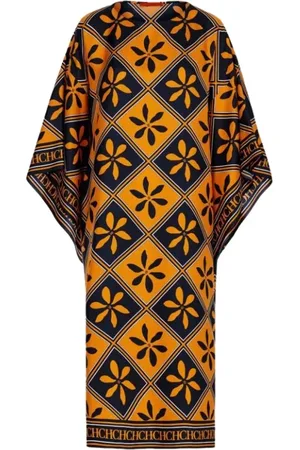 Carolina Herrera Kleedjes, Dames, Oranje, M, Geometrische Print Zijden Oversized Jurk
