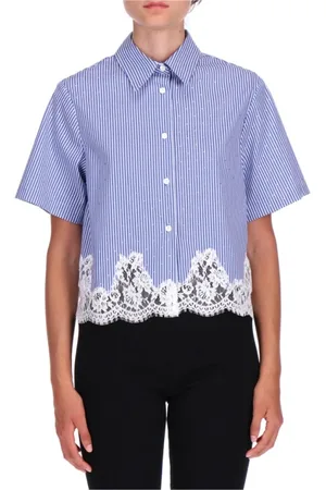 ERMANNO SCERVINO Blouses & Shirts, Dames, Blauw, S, Katoen, Gestreept Blauw Katoenen Overhemd Kantafwerking