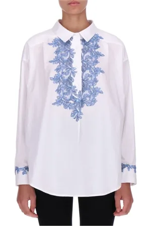 ERMANNO SCERVINO Blouses & Shirts, Dames, Wit, XS, Katoen, Witte Katoenen Overhemd met Lichtblauwe Kant