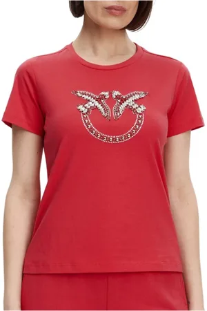 Pinko Tops, Dames, Rood, XS, Katoen, Love Birds Geborduurd T-shirt