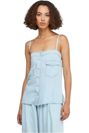 SEMICOUTURE Tops, Dames, Blauw, S, Denim, Denim Celeste Top met Centrale Knoopsluiting