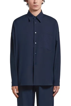 Marni Overhemden, Heren, Blauw, S, Wol, Midnight Logo Patch Wool Shirt