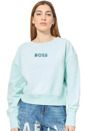 HUGO BOSS Sweatshirts & Hoodies, Dames, Blauw, M, Katoen, Turquoise Katoenen Trui met Paillettenlogo