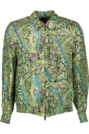 Fendi Jassen, Heren, Groen, M, Omkeerbare Zijden Jas met Kaartprint