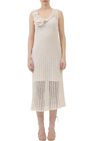 ERMANNO SCERVINO Kleedjes, Dames, Wit, S, Katoen, Gebreide Maxi Jurk met Bloemapplicaties