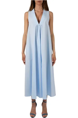 Isabelle Blanche Kleedjes, Dames, Blauw, L, Katoen, Stijlvolle V-hals lange jurk