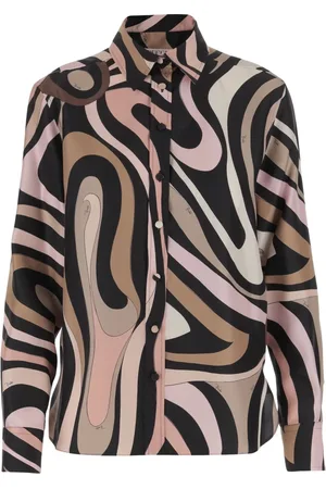 Emilio Pucci Blouses & Shirts, Dames, Veelkleurig, M, Zijden Marmeren Print Overhemd Klassieke Kraag