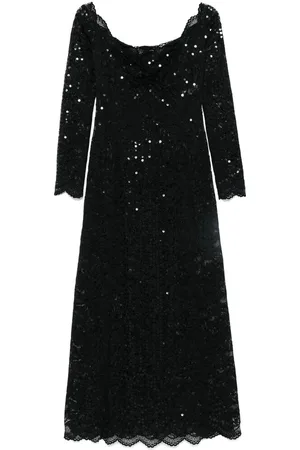 Paco rabanne Kleedjes, Dames, Zwart, S, Pailletten, Zwart Kant Paillet Off-Shoulder Jurk
