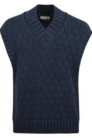 Lanvin Truien, Heren, Blauw, L, V-hals gebreid vest met ingewikkeld ontwerp