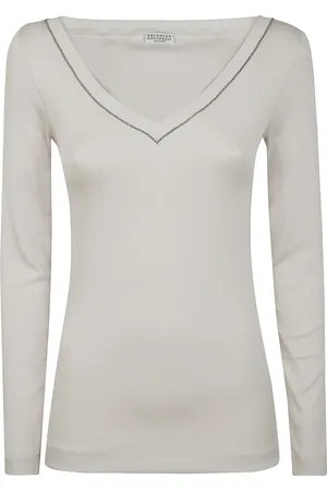 Brunello Cucinelli Tops, Dames, Wit, L, V-hals Longsleeve T-shirt