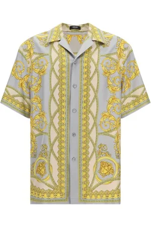 VERSACE Overhemden, Heren, Veelkleurig, M, Barocco Print Zijden Cubaanse Kraag Shirt