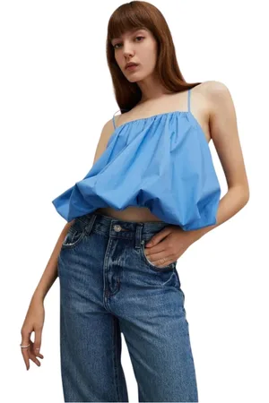 Isabelle Blanche Tops, Dames, Blauw, M, Katoen, Blauwe Crop Top met Dunne Bandjes