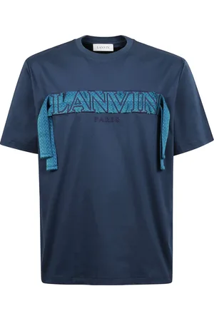 Lanvin Tops, Heren, Blauw, XL, Geborduurd Logo T-shirt met Kantafwerking