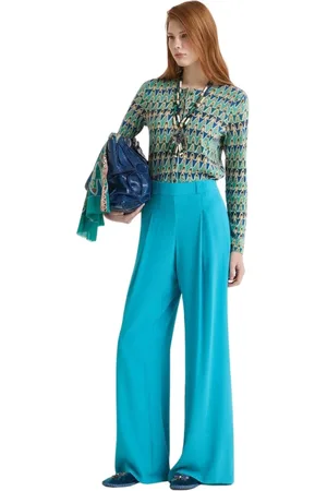 Maliparmi Broeken, Dames, Blauw, M, Turquoise Crepe Zijden Broek