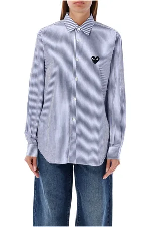 Comme des Garçons Blouses & Shirts, Dames, Blauw, XS, Katoen, Blauw Gestreept Hart Patch Overhemd