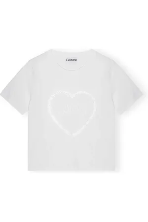 Ganni Tops, Dames, Wit, L, Katoen, Heart Logo Katoenen T-shirt