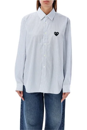 Comme des Garçons Blouses & Shirts, Dames, Veelkleurig, XL, Katoen, Blauw Strepen Hart Patch Shirt