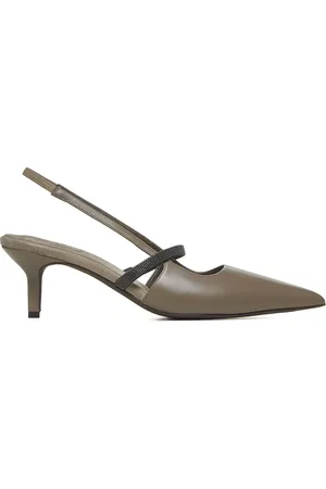 Brunello Cucinelli Schoenen, Dames, Grijs, 38 EU, Taupe Leren Slingback Pumps met Monili Versiering