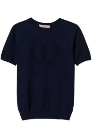 Twin-Set Tops, Dames, Blauw, M, Blauwe Nacht Bloemenlogo T-shirt