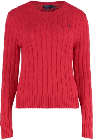Ralph Lauren Truien, Dames, Rood, M, Katoen, Kabelgebreide Ronde-Hals Trui voor Vrouwen