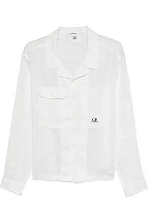 C.P. Company Overhemden, Heren, Wit, XL, Linnen, Wit linnen overhemd met logoprint