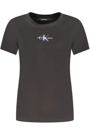 Calvin Klein Tops, Dames, Zwart, S, Katoen, Zwart Katoenen Dames T-Shirt met Iridescent Logo Print