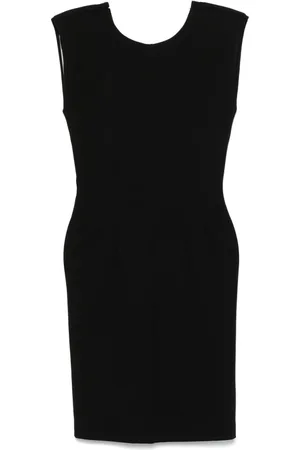 Dondup Kleedjes, Dames, Zwart, L, Zwarte Midi Jurk met Logo Plaque