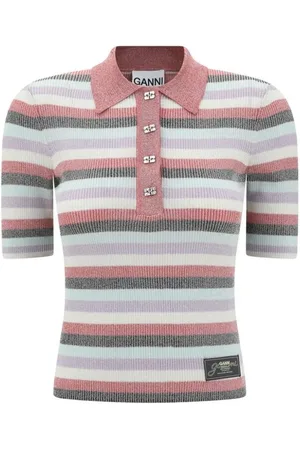 Ganni Tops, Dames, Veelkleurig, S, Gestreepte polotop met geribbelde kraag