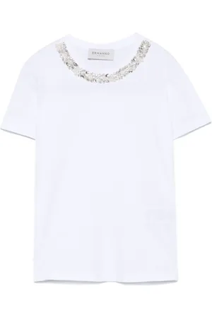 ERMANNO SCERVINO Tops, Dames, Wit, M, Katoen, T-shirt met ronde hals en kristallen