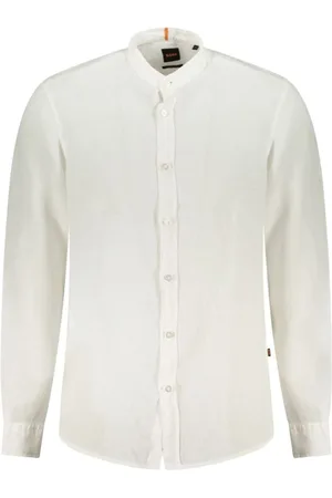 HUGO BOSS Overhemden, Heren, Wit, L, Linnen, Witte Linnen Mandarin Kraag Shirt