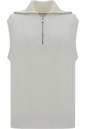 Brunello Cucinelli Truien, Heren, Wit, S, Katoen, Geribbelde Katoenen Half-Zip Hoge Kraag Vest