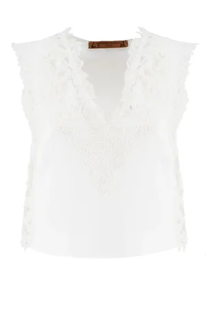 ERMANNO SCERVINO Tops, Dames, Wit, S, Katoen, Kanten Versierde Katoenen Mouwloze Top