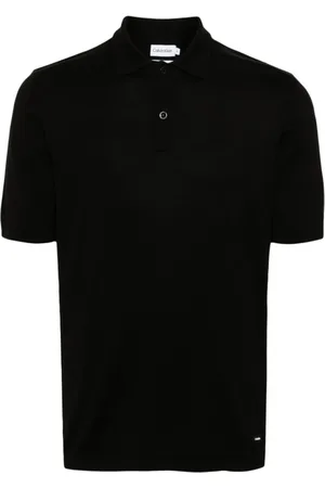 Calvin Klein Tops, Heren, Zwart, L, Katoen, Zwarte Gebreide Poloshirt Logo Patch