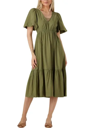 Object Kleedjes, Dames, Groen, M, Denim, Olijfgroene Midi Jurk voor Zonnige Dagen