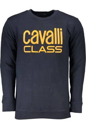 Roberto Cavalli Sweatshirts & Hoodies, Heren, Blauw, L, Geborstelde Sweatshirt met Bedrukt Logo