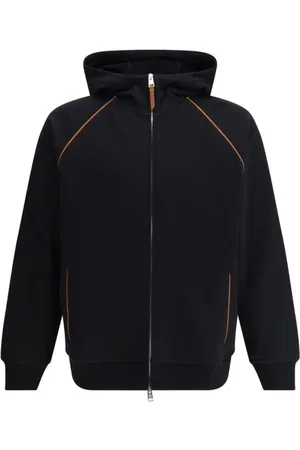 Brunello Cucinelli Sweatshirts & Hoodies, Heren, Zwart, S, Katoen, Luxe Katoenen Hoodie met Leren Detail